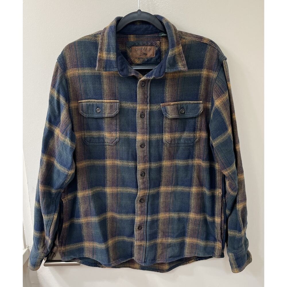 Orvis Men's Heavy Weight Cotton Shirt Size L Long Sleeve Tan Blue Rust 4 Pockets - Picture 2 of 6